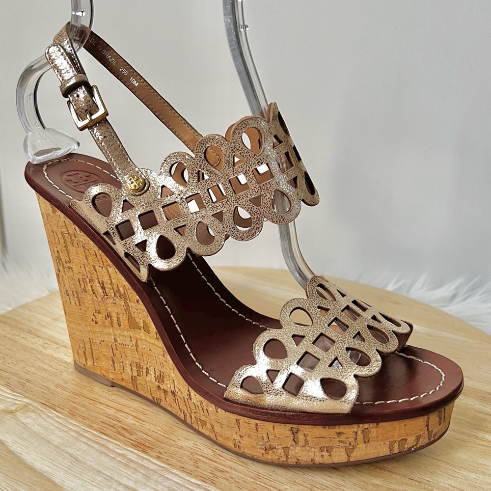 Tory Burch Nori Cork Wedge Sandals Metallic Gold Laser Cut Slingback Size 10